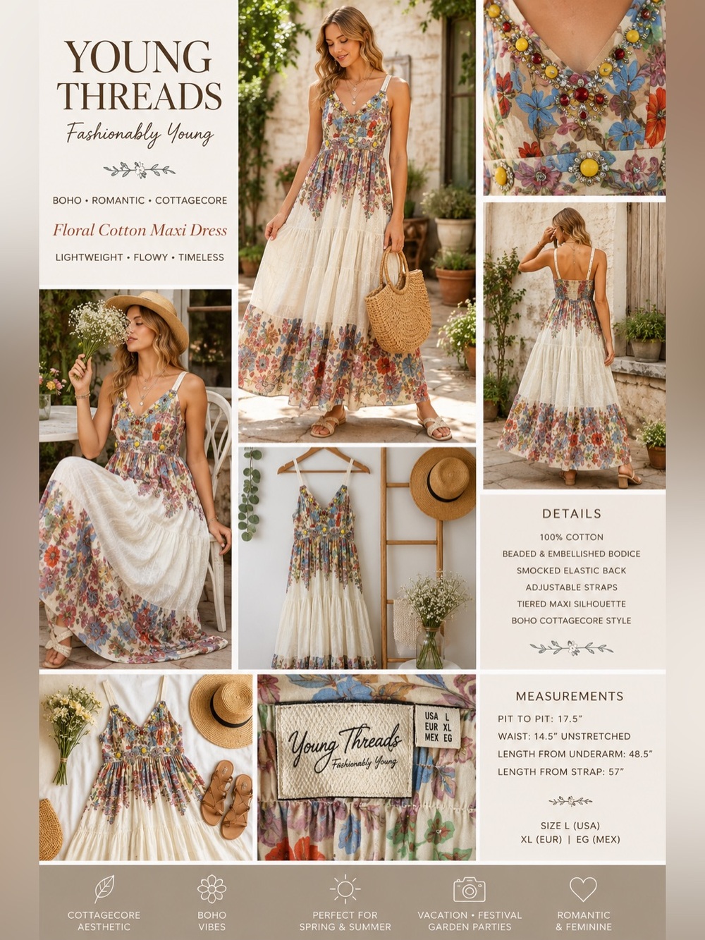 Young Threads Floral Cotton Maxi Dress - Cream with Multicolor Floral
